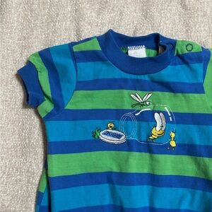 Vintage Blue & Green Striped Kids Tee with Bug Embroidery